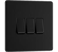 BG Electrical Triple Wall Light Switch, 2 Way, Screwless Front Plate, Slim Profile, Premium Flatplate, Matt Black, 20A, 16AX, FFB43