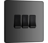 British General Triple Wall Light Switch Evolve 20A 16AX 2-Way Screwless Black Chrome PCDBC43B