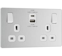 BG Evolve PCDBS22UAC22W 13A Double Switched Power Socket + USB A+C (22W) - Brushed Steel (White)