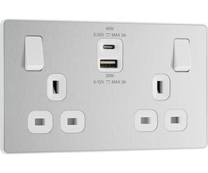 BG Evolve PCDBS22UAC45W 13A Double Switched Power Socket + USB A+C (45W) - Brushed Steel (White)