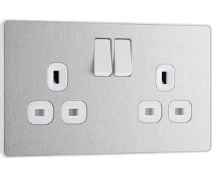 BG Evolve PCDBS22W 13A Double Switched Power Socket - Brushed Steel (White)