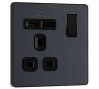 BG Electrical Single Switched Power Plug Wall Socket with Type A USB and Type C USB Charging Ports, Fast Charge, Screwless Front Plate, Evolve, Matt Grey, 13A, 18W, PCDMG21UAC18B