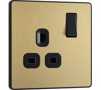 BG Electrical Single Switched Power Plug Wall Socket, Screwless Front Plate, Round Edges, Evolve, Satin Brass, 13A, PCDSB21B
