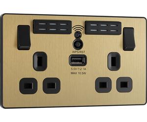BG Evolve PCDSB22UWRB 13A Double Switched Power Socket + WiFi Extender + 1xUSB(2.1A) - Satin Brass (Black)