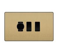 BG Evolve Satin Brass 3 Gang Light Switch Grid - 1x Trailing-Edge LED Dimmer, 1x Intermediate, 1x 2-Way Switch