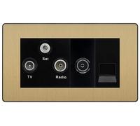 BG Evolve Satin Brass TV/FM/SAT + Return & 1 Gang Tel - Screened Triplex Socket