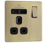 BG FAB21UAC18B Flatplate Screwless 13A Single Switched Power Socket + USB C (18W) - Antique Brass + Black Insert
