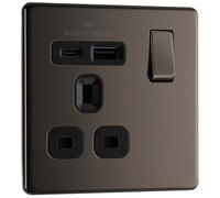 BG FBN21UAC18B Flatplate Screwless 13A Single Switched Power Socket + USB A+C (18W) - Black Nickel + Black Insert