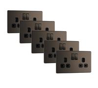 BG FBN22Bx5 Flatplate Screwless Double Socket 13A - Black Insert - Black Nickel (5 Pack)