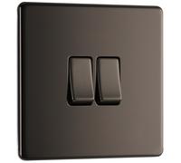 BG FBN42 Flatplate Screwless 20A 16AX 2 Way Double Light Switch - Black Nickel