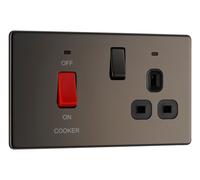 BG Electrical Cooker Switch with Socket and LED, Cooker Control Unit, Control Socket, Double Pole, Screwless Front Plate, Slim Profile, Premium Flatplate, Black Nickel, 45A, FBN70B