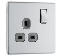 Screwless Flatplate Brushed Steel Single Switched 13A Power Socket FBS21G-01