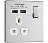 BG Electrical fbs21u2w 2.1 A Masterplug Single Socket with 2 x USB, Brushed Steel White Insert