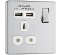 BG Electrical fbs21u2w 2.1 A Masterplug Single Socket with 2 x USB, Brushed Steel White Insert
