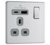 BG FBS21UAC18G Flatplate Screwless 13A Single Switched Power Socket + USB C (18W) - Brushed Steel + Grey Insert