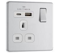 BG FBS21UAC18W Flatplate Screwless 13A Single Switched Power Socket + USB A+C (18W) - Brushed Steel + White Insert