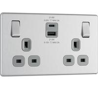 BG Electrical Double Switched Power Wall Plug Socket with Fast Charge Type A and C USB Ports, Screwless, Flatplate, Brushed Steel, Grey Inserts, 13A, 22W, FBS22UAC22G
