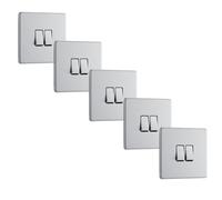 BG FBS42x5 Flatplate Screwless 20A 16AX 2 Way Double Light Switch - Brushed Steel (5 Pack)