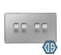 British General Wall Light Switch FBS44 - Quadruple 2-Way, Screwless Brushed Steel, 20A 16AX