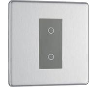 BG FBSTDM1G-K Flatplate Screwless 2-Way Master 200W Single Touch Dimmer Switch - Brushed Steel (Grey)