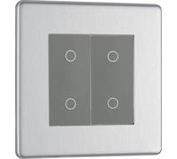 BG FBSTDM2G-K Flatplate Screwless 2-Way Master 200W Double Touch Dimmer Switch - Brushed Steel (Grey)