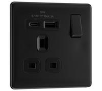BG FFB21UAC18B Flatplate Screwless 13A Single Switched Power Socket + USB C (18W) - Matt Black + Black Insert