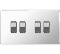 BG Flatplate Screwless 10AX Plate Switch 4 Gang 2 Way Chrome