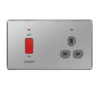BG Flatplate Screwless 45A DP Switch With 13A Neon Socket Brushed Steel