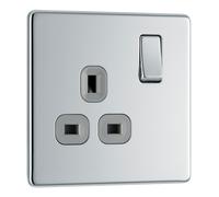 BG FPC21G Flatplate Screwless Single Socket 13A - Grey Insert - Polished Chrome