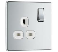 British General Single Socket FPC21W Flatplate Screwless 13A White Insert Polished Chrome
