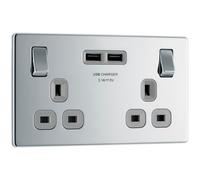 BG FPC22U3G Flatplate Screwless Double Socket + 2x USB(3.1A) - Grey Insert - Polished Chrome