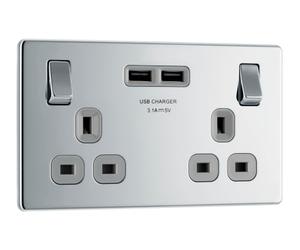 BG FPC22U3G Flatplate Screwless Double Socket + 2x USB(3.1A) - Grey Insert - Polished Chrome