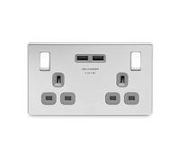 Screwless Flatplate Polished Chrome Double Switched 13A Power Socket With Usb Charging - 2X Usb Sockets (3.1A) FPC22U3G-01