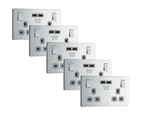 BG FPC22U3Gx5 Flatplate Screwless Double Socket + 2x USB(3.1A) - Grey Insert - Polished Chrome (5 Pack)