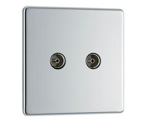 BG FPC61 Flatplate Screwless Double TV Aerial Socket - White Insert - Polished Chrome
