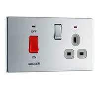 BG Electrical Cooker Switch with Socket and LED, Cooker Control Unit, Control Socket, Double Pole, Screwless Front Plate, Slim Profile, Premium Flatplate, Polished Chrome, Grey Inserts, 45A, FPC70G