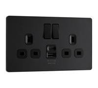 Bg Matt Black Double 13A 12W Raised Slim Switched Screwless Socket With Usb, X2 & Black Inserts