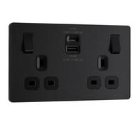 Bg Matt Black Double 13A 22W Raised Slim Switched Screwless Socket With Usb, X2 & Black Inserts