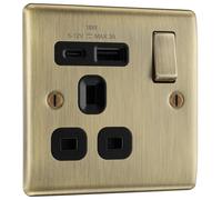 BG Electrical Single Switched Power Plug Wall Socket with Type A USB and Type C USB Charging Ports, Fast Charge, Raised and Slim Profile, Round Edges, Nexus Metal, Antique Brass, 13A 18W, NAB21UAC18B