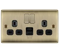 BG NAB22UAC12B Nexus Metal 13A Double Switched Power Socket + USB A+C (12W) - Antique Brass + Black Insert