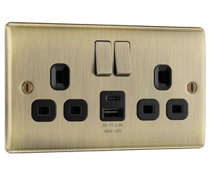 BG NAB22UAC12B Nexus Metal 13A Double Switched Power Socket + USB C (12W) - Antique Brass + Black Insert