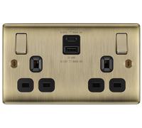 BG NAB22UAC22B Nexus Metal 13A Double Switched Power Socket + USB A+C (22W) - Antique Brass + Black Insert