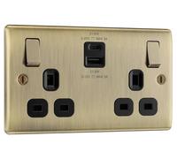 BG NAB22UAC22B Nexus Metal 13A Double Switched Power Socket + USB A+C (22W) - Antique Brass + Black Insert