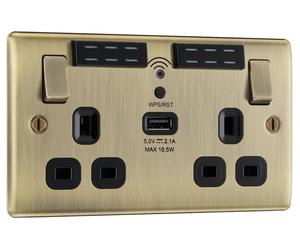 BG NAB22UWRB Nexus Metal Double Socket 13A + Wifi Extender +1x USB(2.1A) - Black Insert - Antique Brass