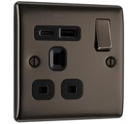 BG Electrical 18W Single Switched Power Plug Wall Socket with Type A USB and Type C USB Charging Ports, Fast Charge, Raised and Slim Profile, Round Edges, Nexus Metal, Black Nickel, 13A, NBN21UAC18B