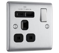 BG NBS21UAC18B Nexus Metal 13A Single Switched Power Socket + USB A+C (18W) - Brushed Steel + Black Insert