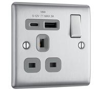 BG NBS21UAC18G Nexus Metal 13A Single Switched Power Socket + USB A+C (18W) - Brushed Steel + Grey Insert
