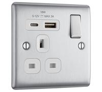 BG NBS21UAC18W Nexus Metal 13A Single Switched Power Socket + USB A+C (18W) - Brushed Steel + White Insert