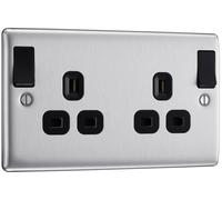BG NBS22DPOBB Nexus Metal 13A 2G DP Outboard Switched Socket - Black Insert - Brushed Stel