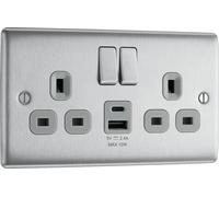 BG NBS22UAC12G Nexus Metal 13A Double Switched Power Socket + USB A+C (12W) - Brushed Steel + Grey Insert